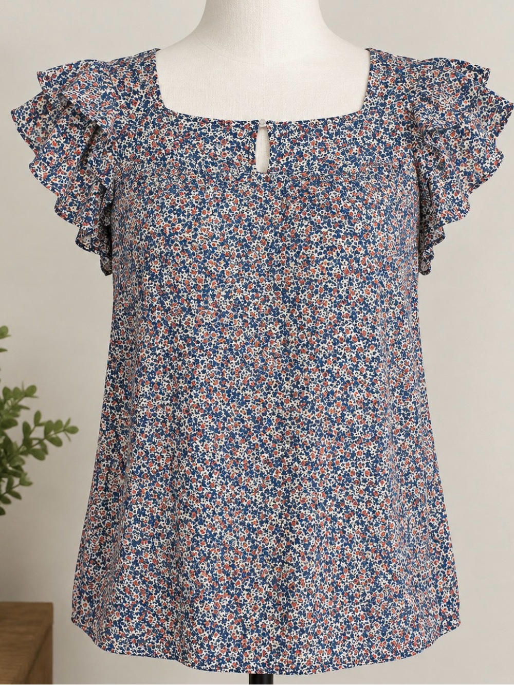 RACHEL Rachel Roy Blue Multi Floral Ruffle Sleeve Square-Neck Top